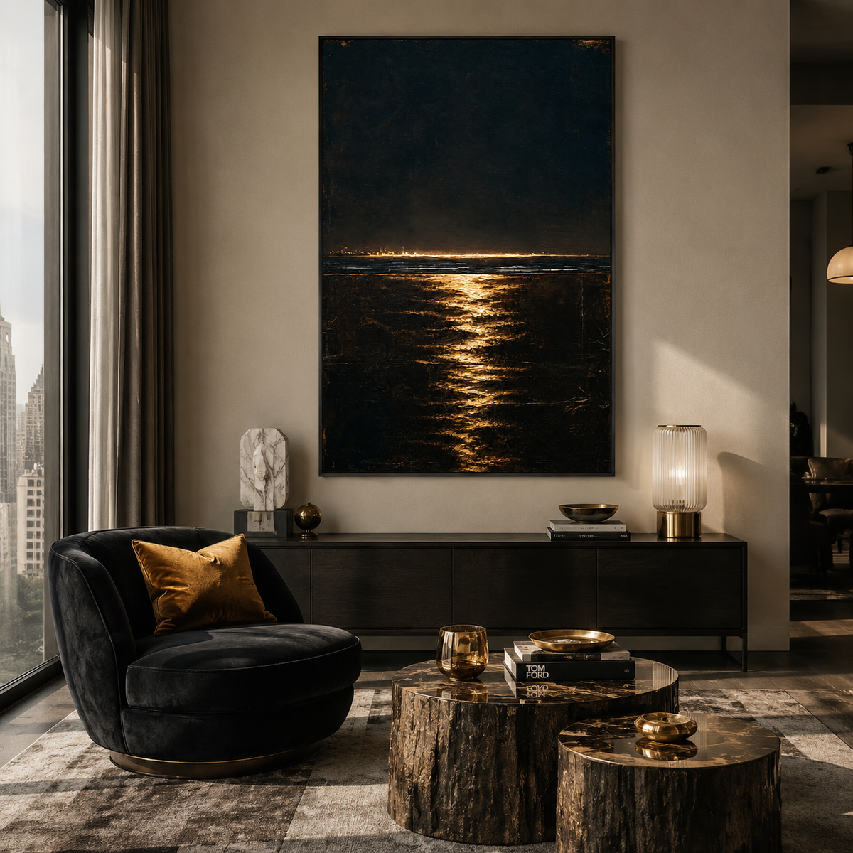 "Luminous Abyss" – Textured Midnight Seascape Gold Black Oil Painting