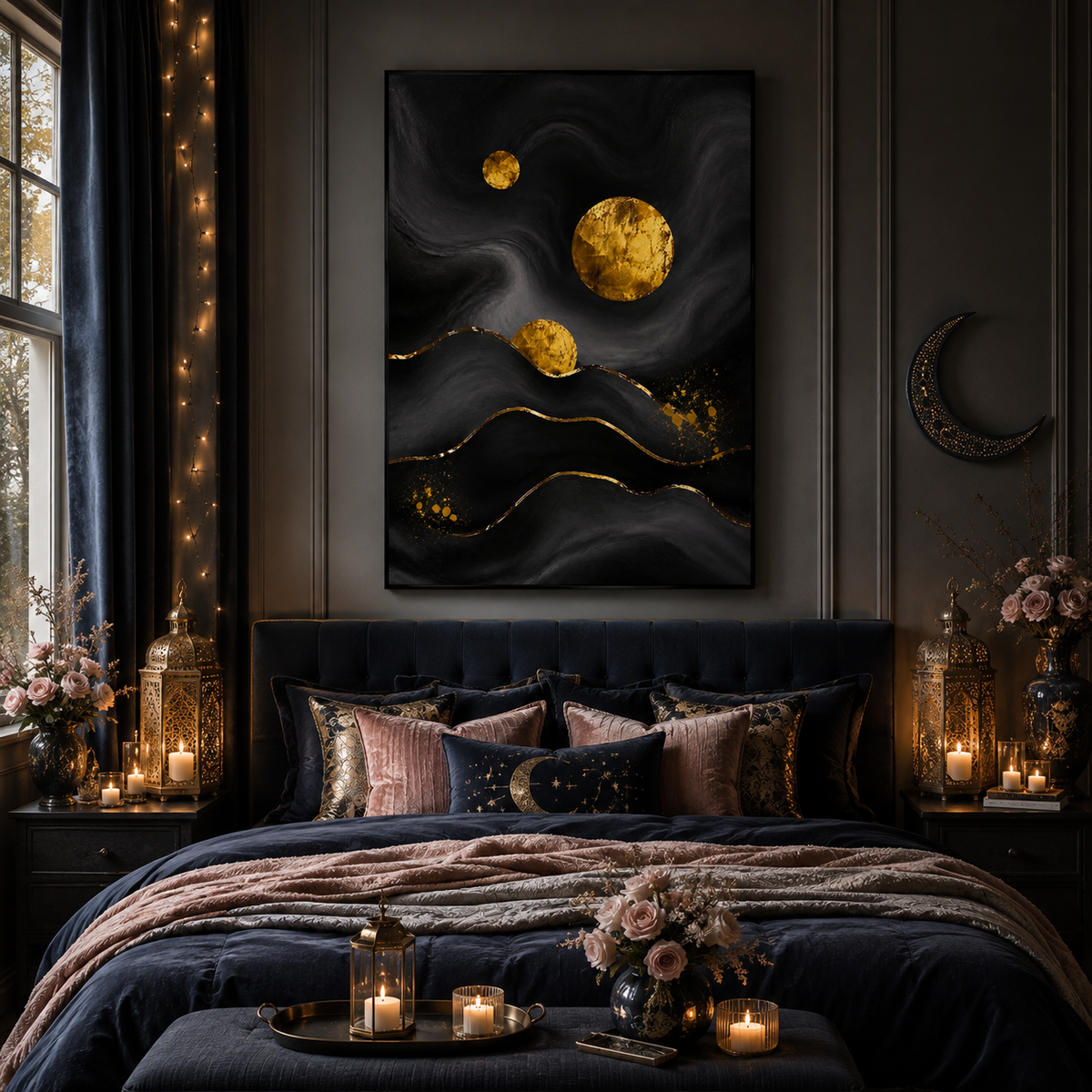 "Celestial Dunes" – Modern Luxe Black and Gold Foil Abstract Acrylic Painting