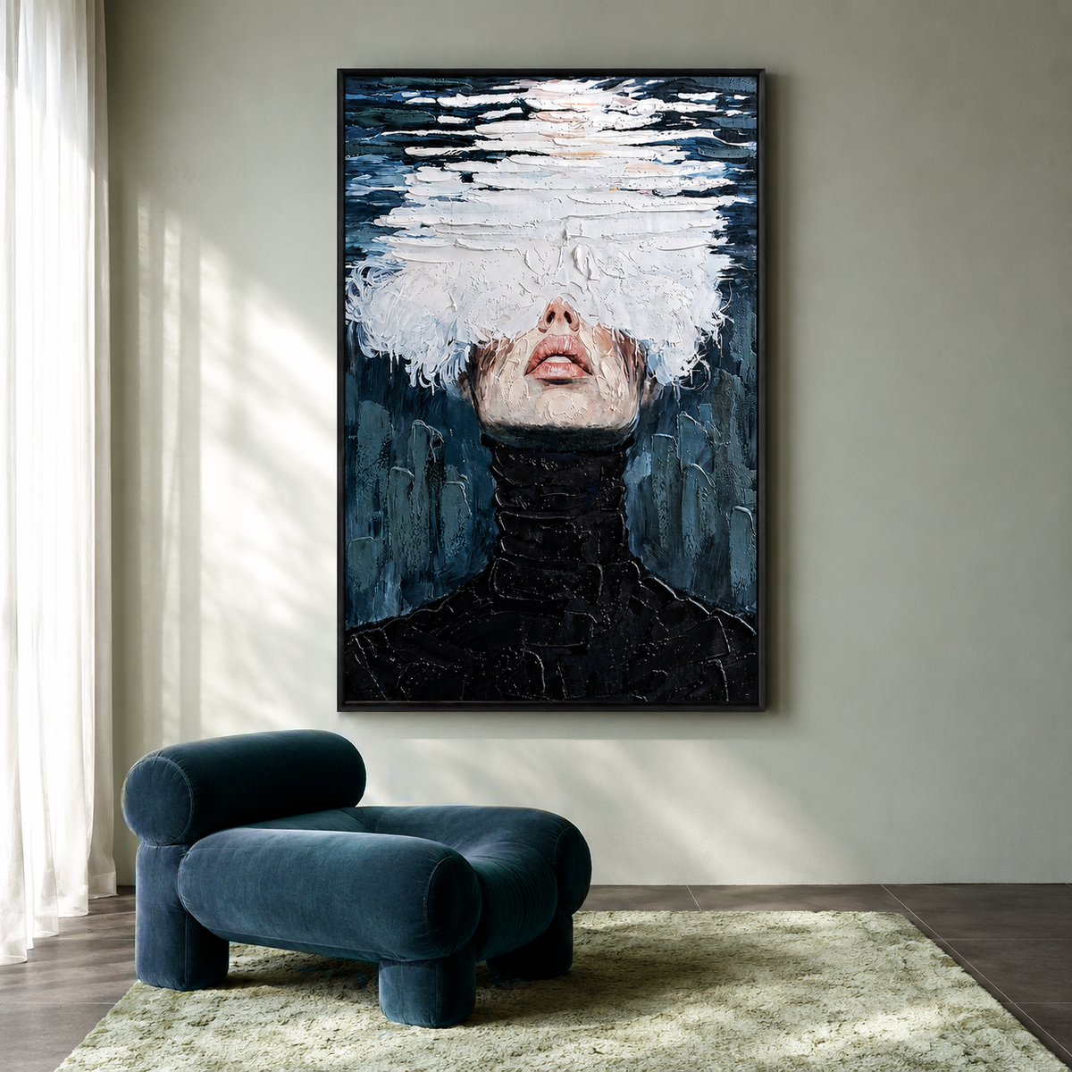 "Veiled Solitude" – Modern Impasto Monochrome Figurative Oil Painting