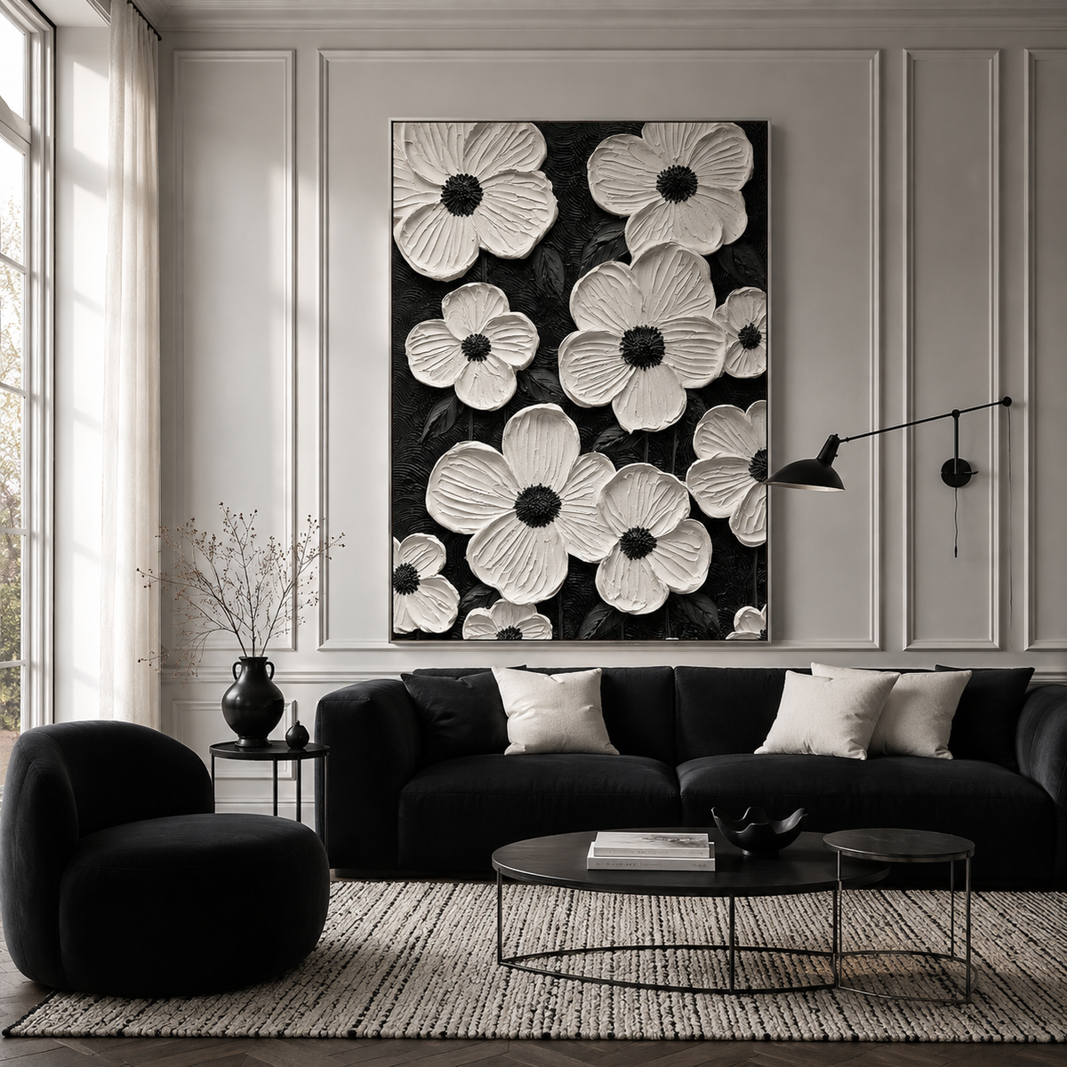 "The Understanding Flower" – Minimalist Textured Monochrome Floral Acrylic Painting