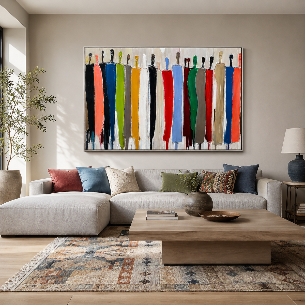 "Vibrant Gathering" – Modern Colorful Abstract Figurative Impasto Painting