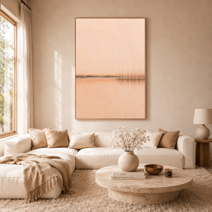 "Whispering Waters" – Wabi-Sabi Warm Peach & Beige Textured Minimalist Landscape Oil Painting