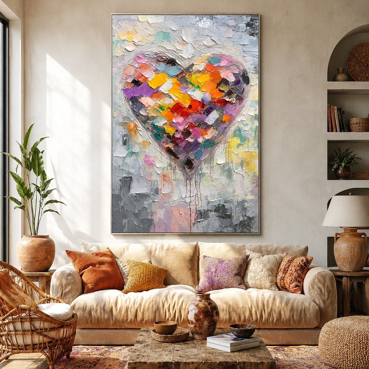 "Vibrant Spectrum" – Textured Heart Palette Knife Abstract Painting