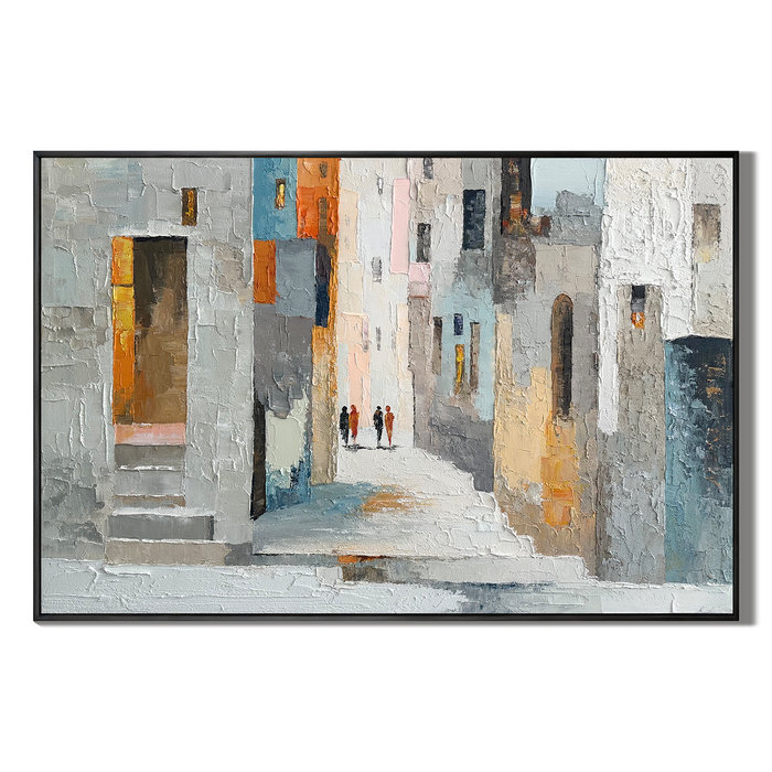"Sunlit Alley" – Modern Textured Mediterranean Street Palette Knife Painting