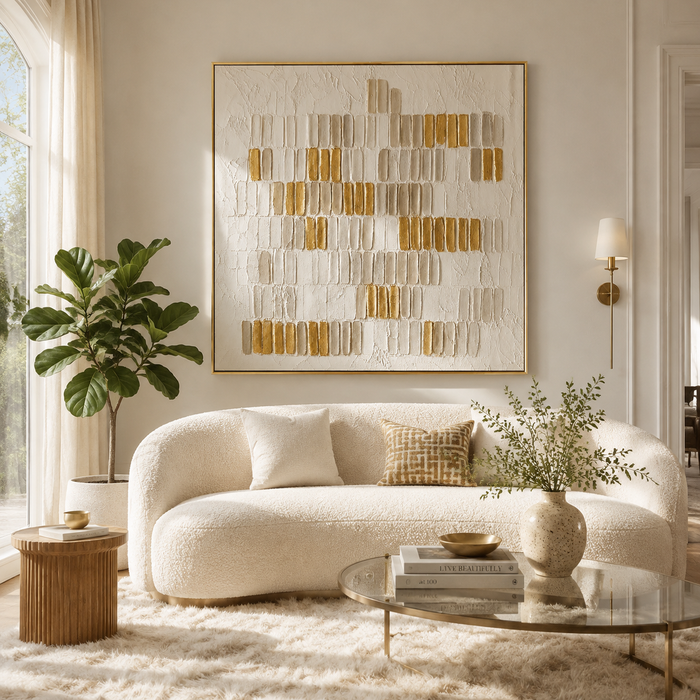 "Golden Rhythm" – Minimalist White & Gold Leaf Textured Acrylic Painting