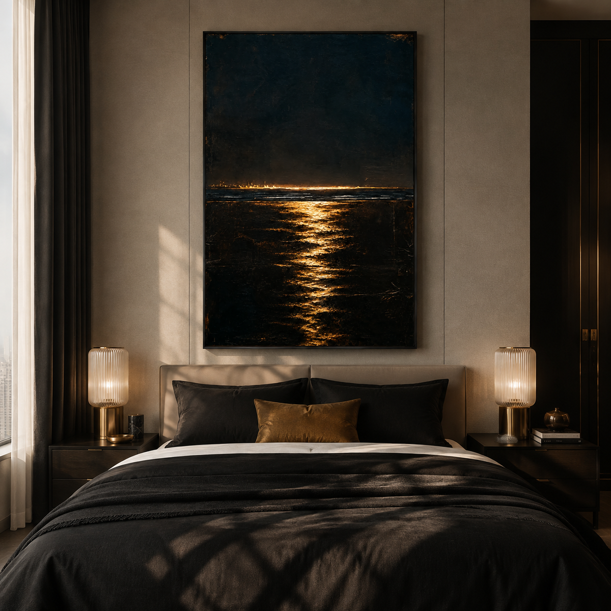 "Luminous Abyss" – Textured Midnight Seascape Gold Black Oil Painting