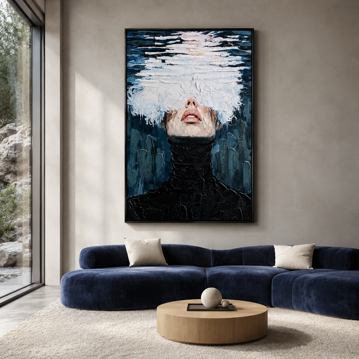 "Veiled Solitude" – Modern Impasto Monochrome Figurative Oil Painting