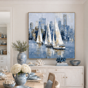 "Sailing the Skyline" – Modern Impressionist Blue and Gold Sailboat Palette Knife Painting