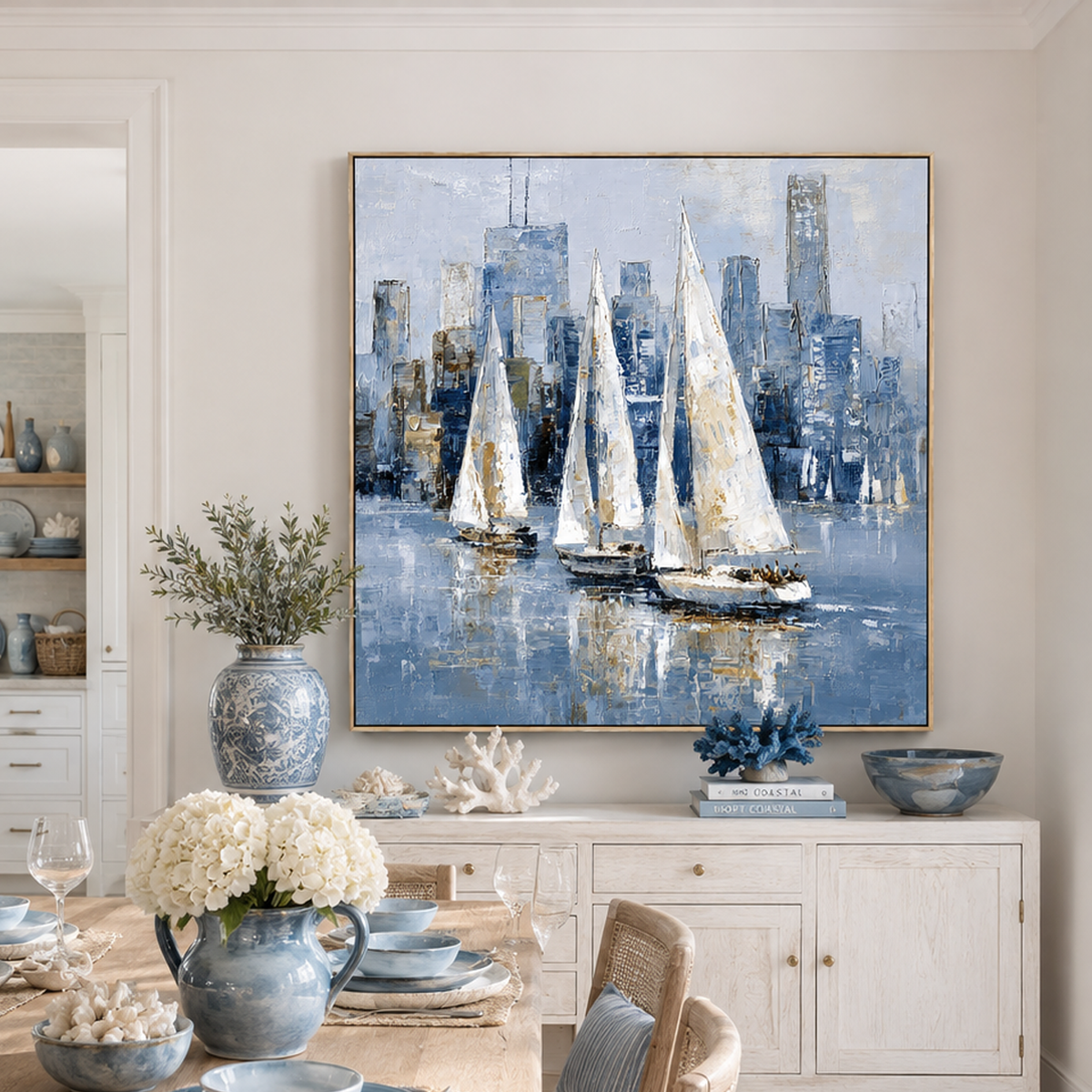 "Sailing the Skyline" – Modern Impressionist Blue and Gold Sailboat Palette Knife Painting