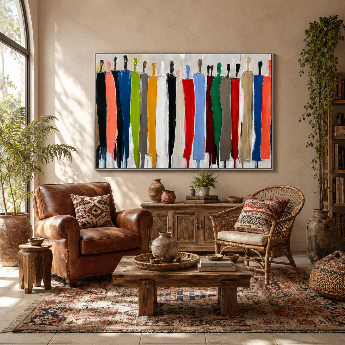 "Vibrant Gathering" – Modern Colorful Abstract Figurative Impasto Painting