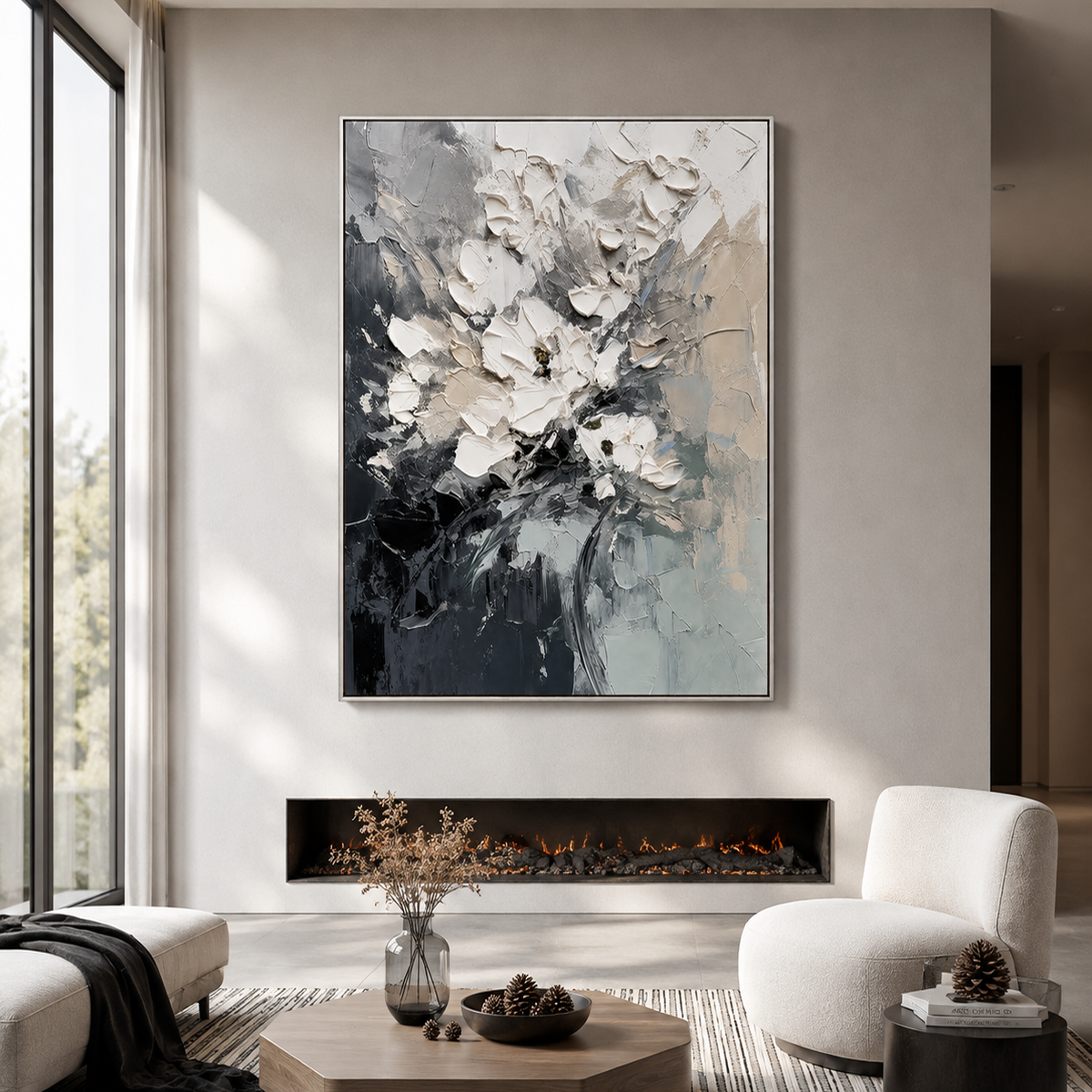 "Whispering Petals" – Contemporary Monochromatic White Floral Impasto Oil Painting