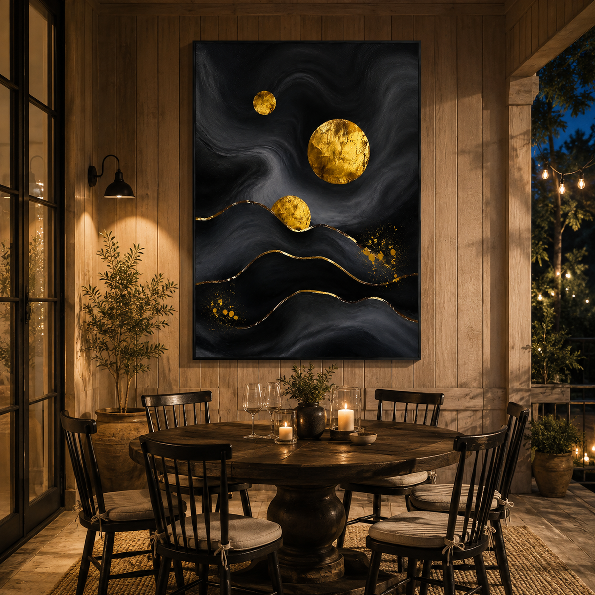 "Celestial Dunes" – Modern Luxe Black and Gold Foil Abstract Acrylic Painting