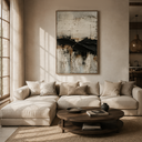 "Tectonic Rift" – Wabi-Sabi Textured Black and Cream Abstract Oil Painting
