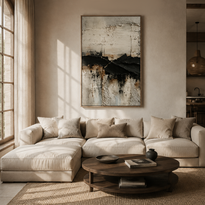 "Tectonic Rift" – Wabi-Sabi Textured Black and Cream Abstract Oil Painting