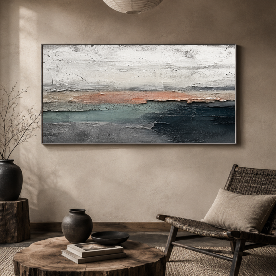 "Dark Tide" – Minimalist Coastal Horizon Textured Acrylic Painting
