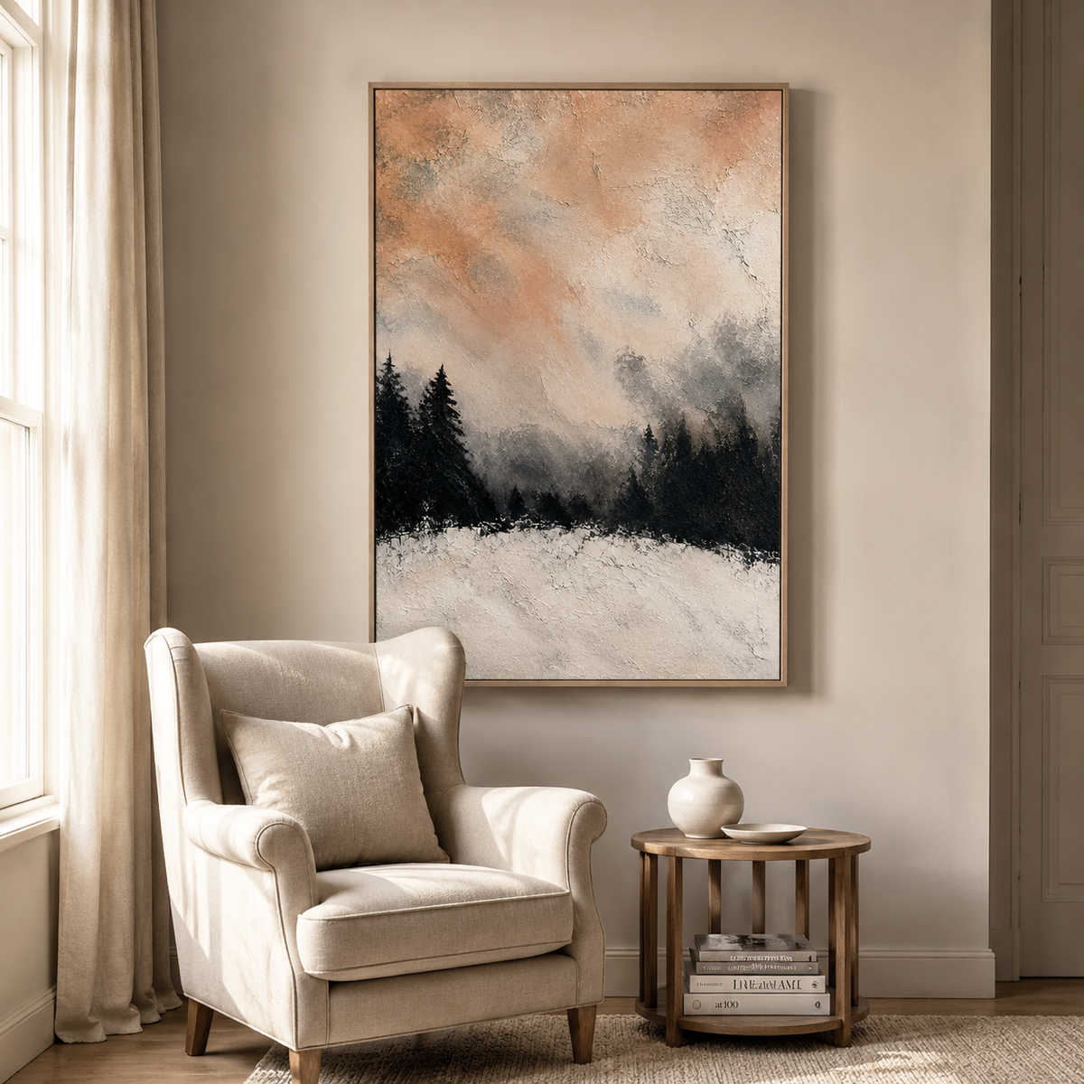 "Amber Solitude" – Textured Winter Pine Forest Peach Impasto Oil Painting