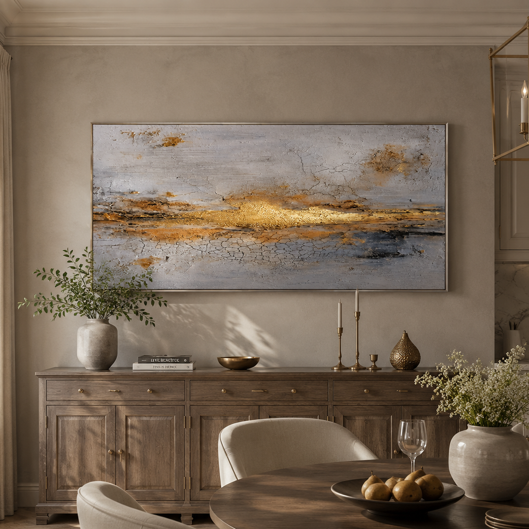 "Golden Seam" – Wabi-Sabi Horizontal Gold Leaf Grey Abstract Oil Painting