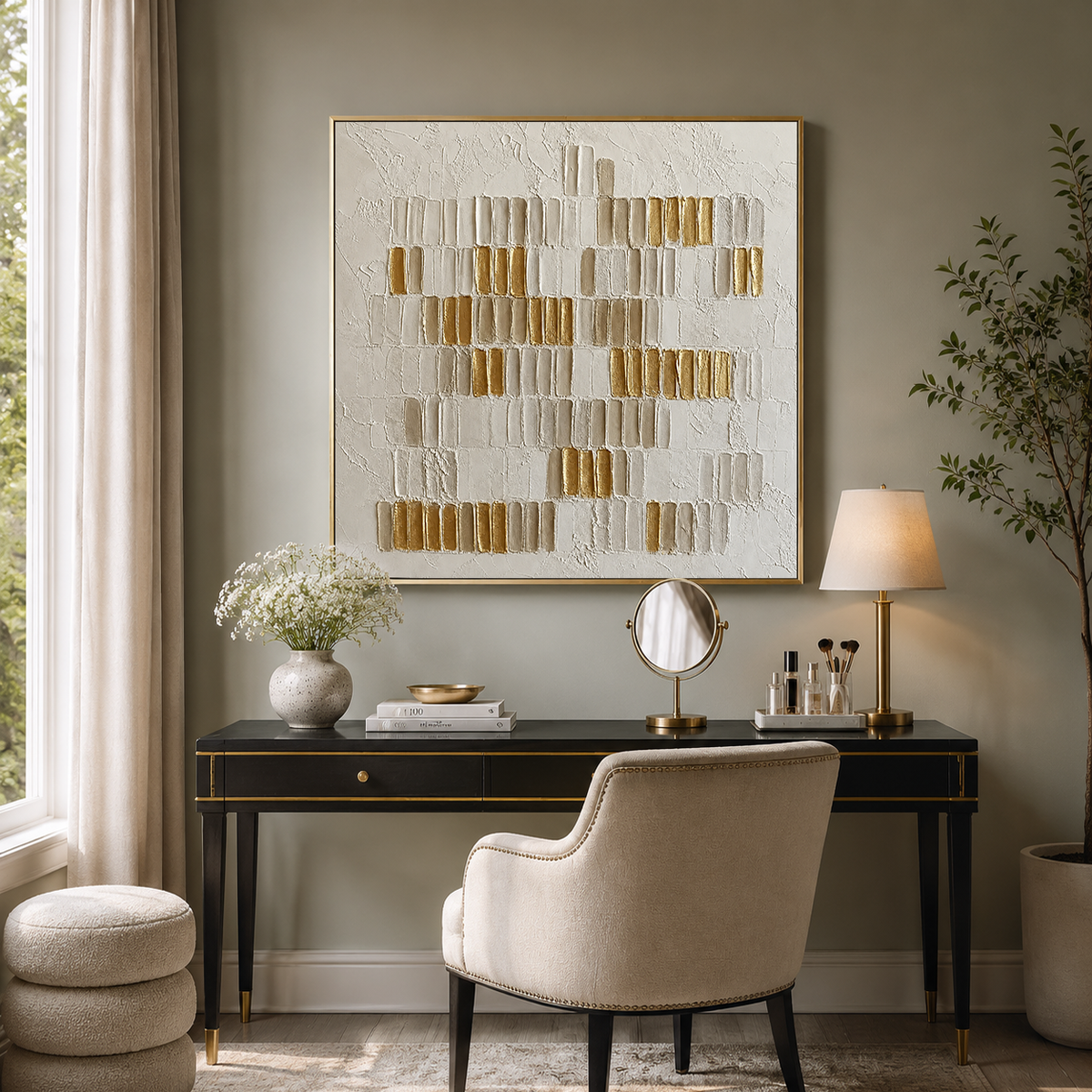 "Golden Rhythm" – Minimalist White & Gold Leaf Textured Acrylic Painting