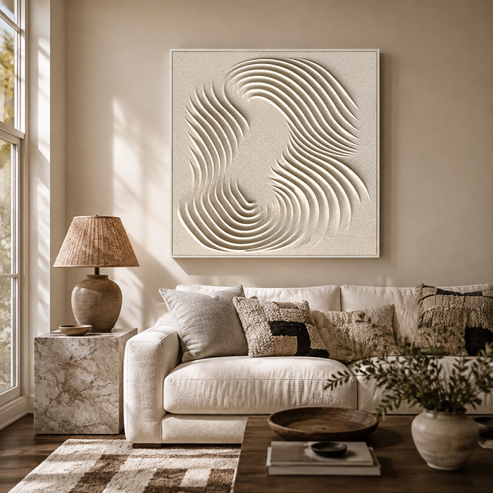 "Infinite Flow" – Wabi-Sabi Cream White Wave Relief Acrylic Painting
