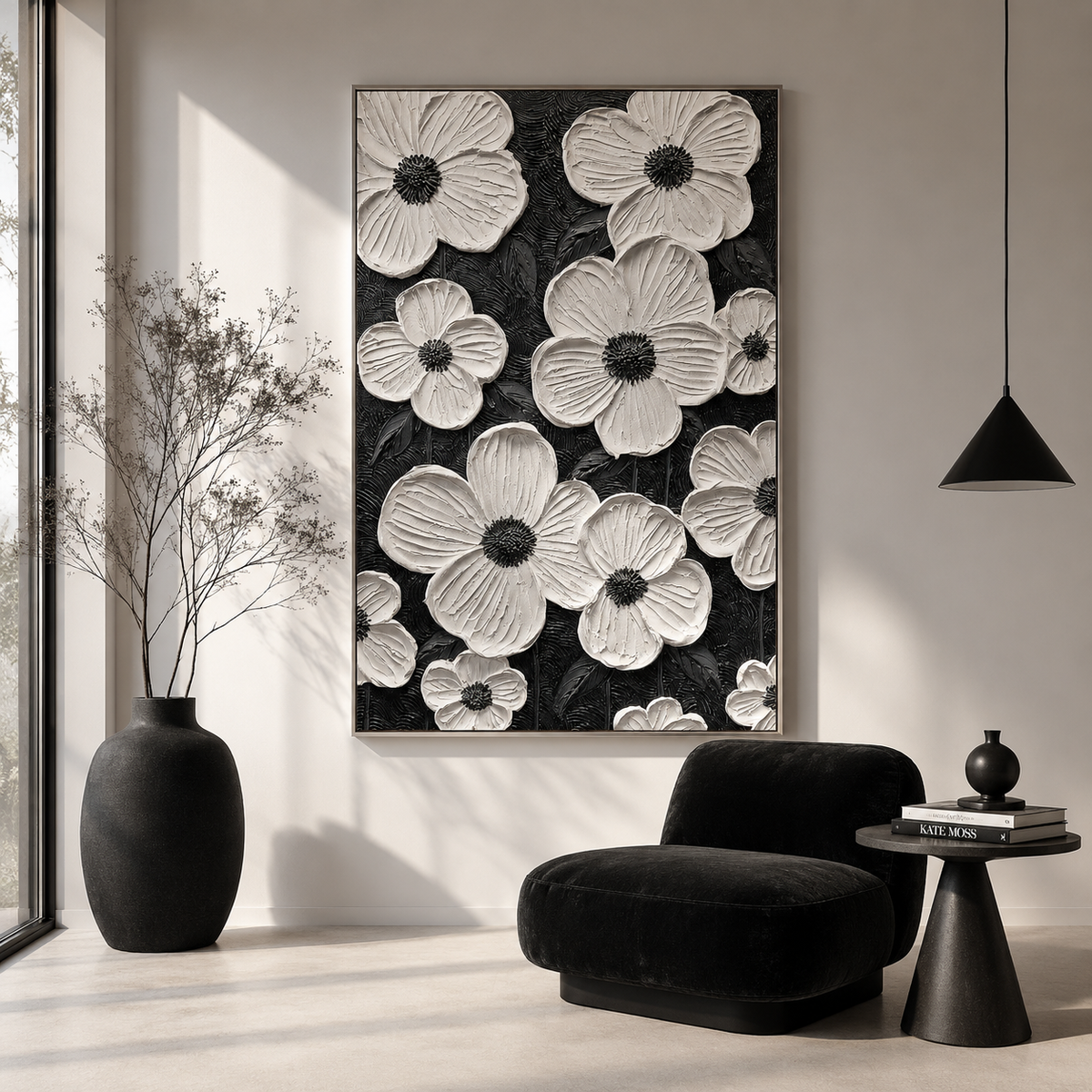 "The Understanding Flower" – Minimalist Textured Monochrome Floral Acrylic Painting