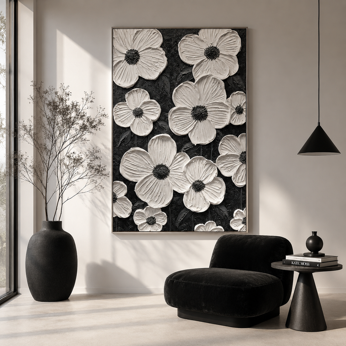 "The Understanding Flower" – Minimalist Textured Monochrome Floral Acrylic Painting