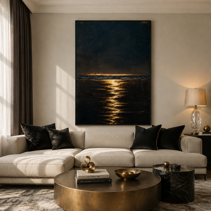 "Luminous Abyss" – Textured Midnight Seascape Gold Black Oil Painting