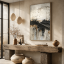 "Tectonic Rift" – Wabi-Sabi Textured Black and Cream Abstract Oil Painting