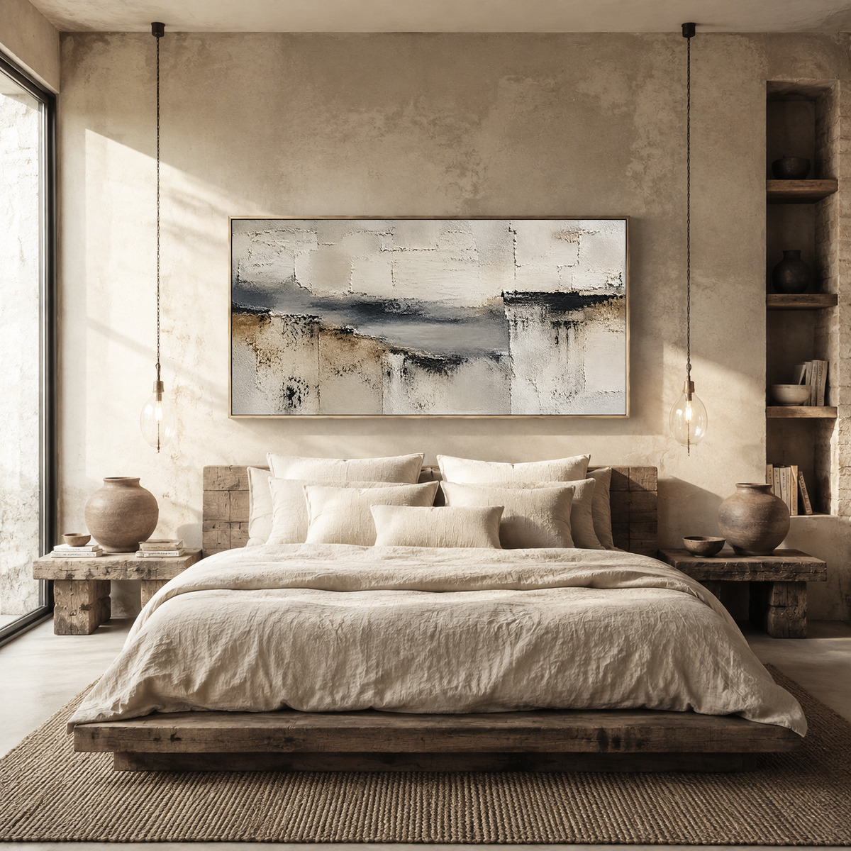 "Simple Tranquility" - Wabi-sabi horizontal charcoal abstract oil painting