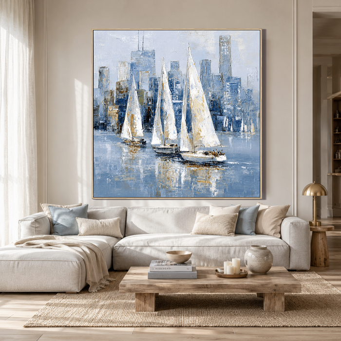 "Sailing the Skyline" – Modern Impressionist Blue and Gold Sailboat Palette Knife Painting
