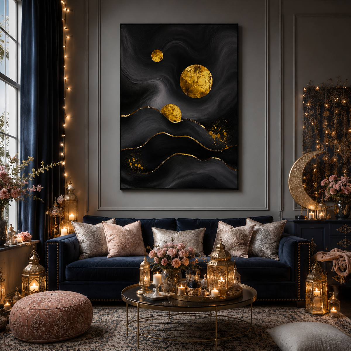 "Celestial Dunes" – Modern Luxe Black and Gold Foil Abstract Acrylic Painting