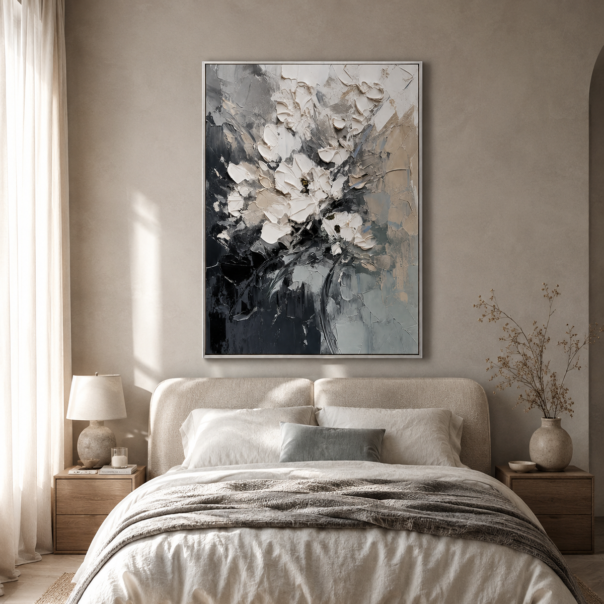 "Whispering Petals" – Contemporary Monochromatic White Floral Impasto Oil Painting