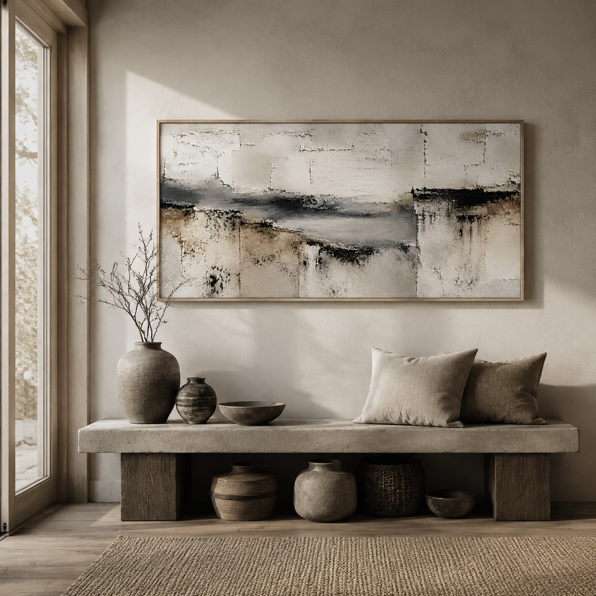 "Simple Tranquility" - Wabi-sabi horizontal charcoal abstract oil painting