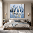 "Sailing the Skyline" – Modern Impressionist Blue and Gold Sailboat Palette Knife Painting
