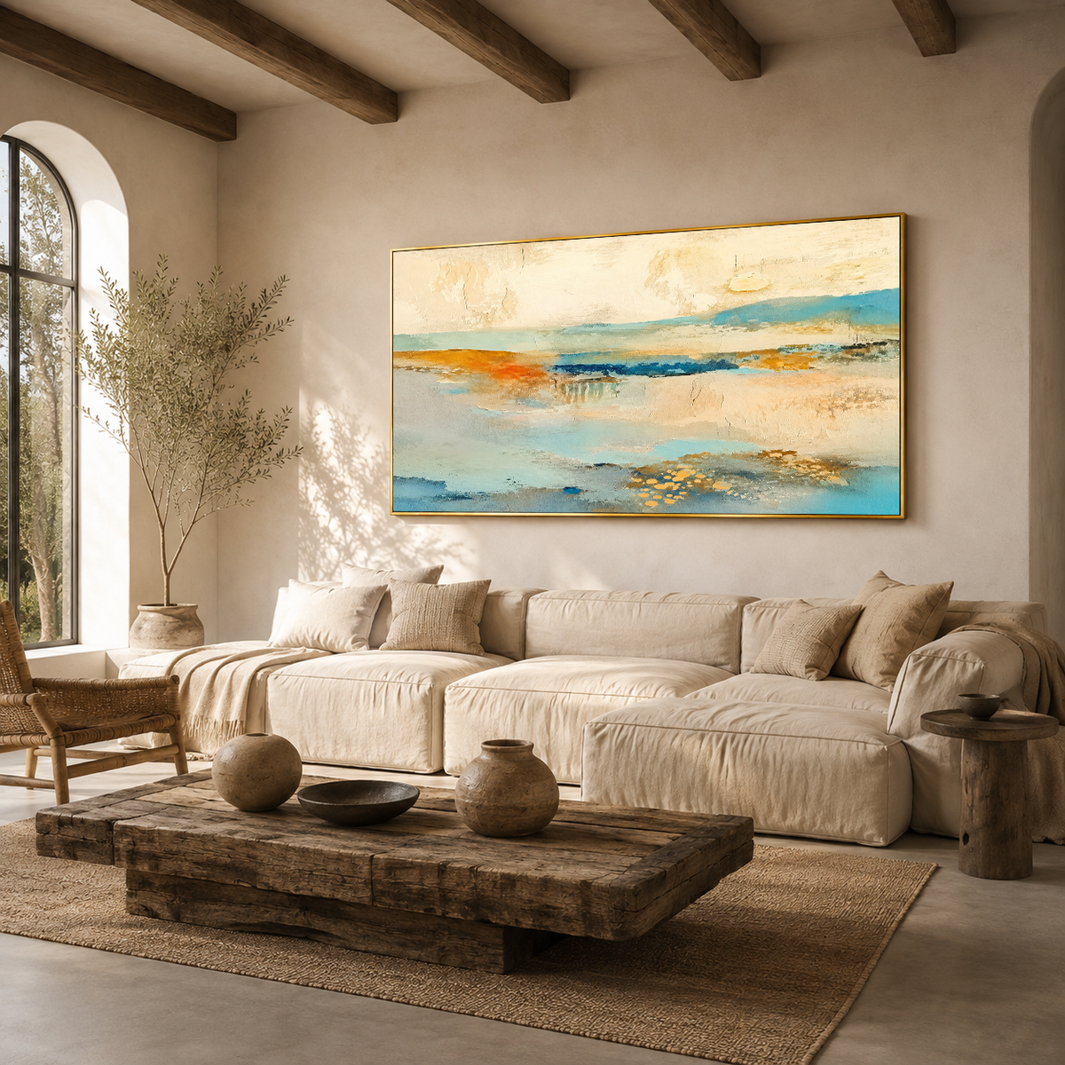 "Coastal Drift" – Wabi-Sabi Sand and Aqua Textured Abstract Acrylic Painting