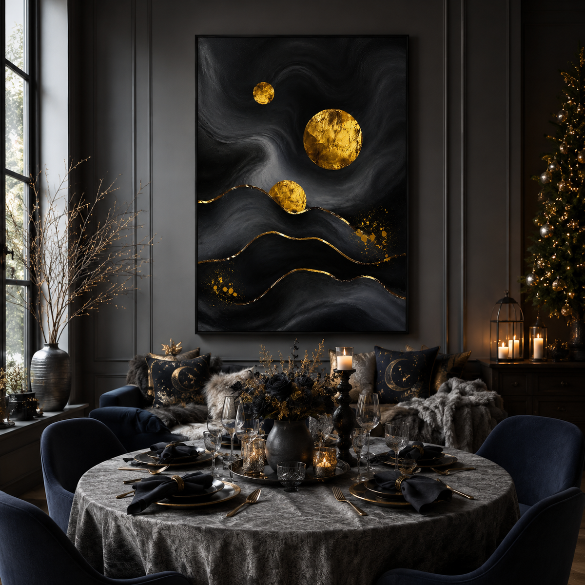 "Celestial Dunes" – Modern Luxe Black and Gold Foil Abstract Acrylic Painting