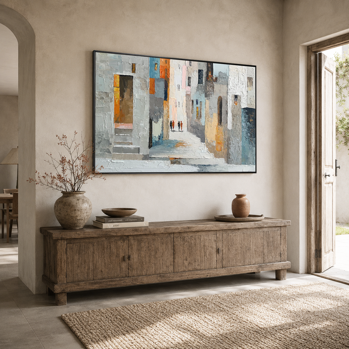 "Sunlit Alley" – Modern Textured Mediterranean Street Palette Knife Painting