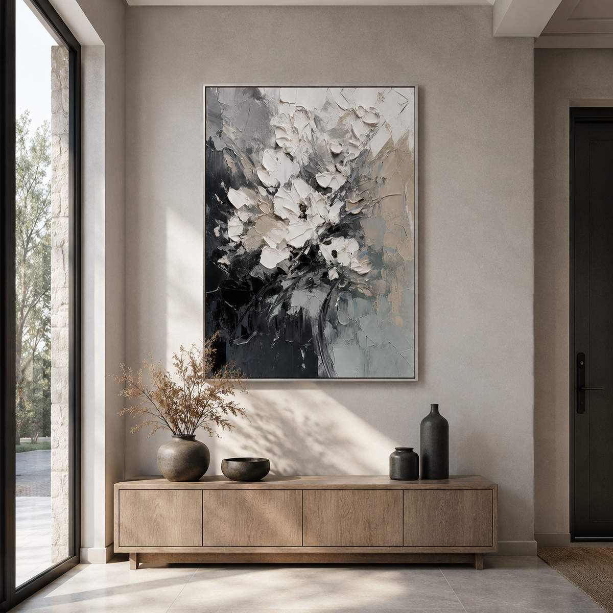 "Whispering Petals" – Contemporary Monochromatic White Floral Impasto Oil Painting