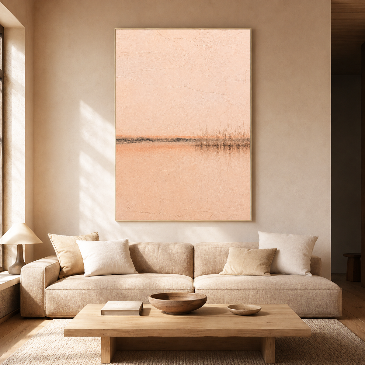 "Whispering Waters" – Wabi-Sabi Warm Peach & Beige Textured Minimalist Landscape Oil Painting