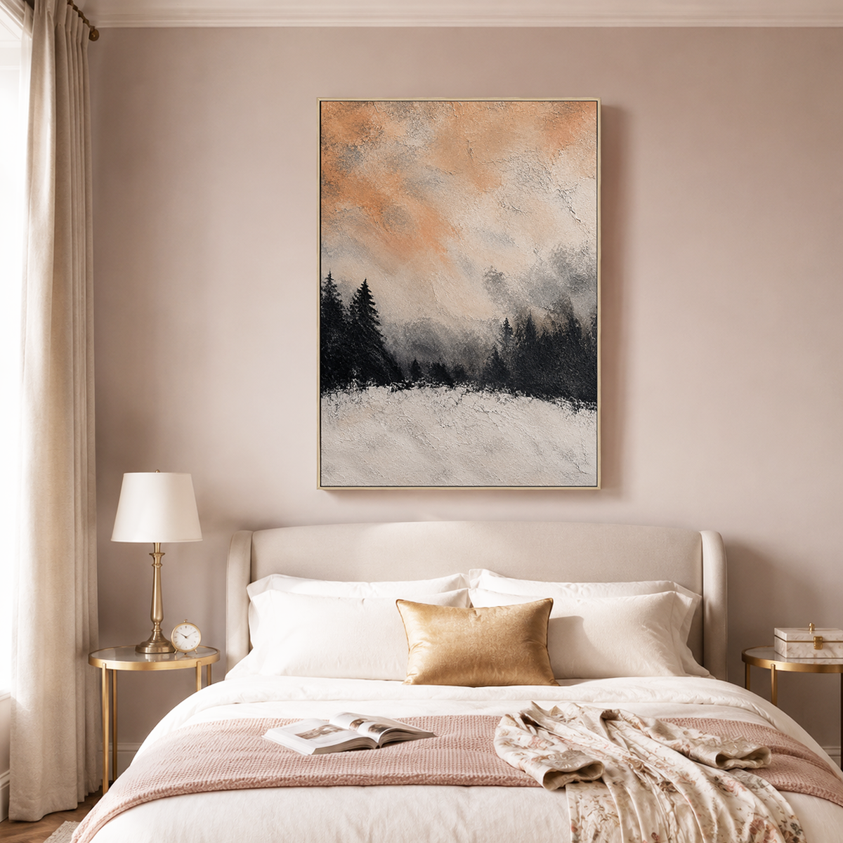 "Amber Solitude" – Textured Winter Pine Forest Peach Impasto Oil Painting