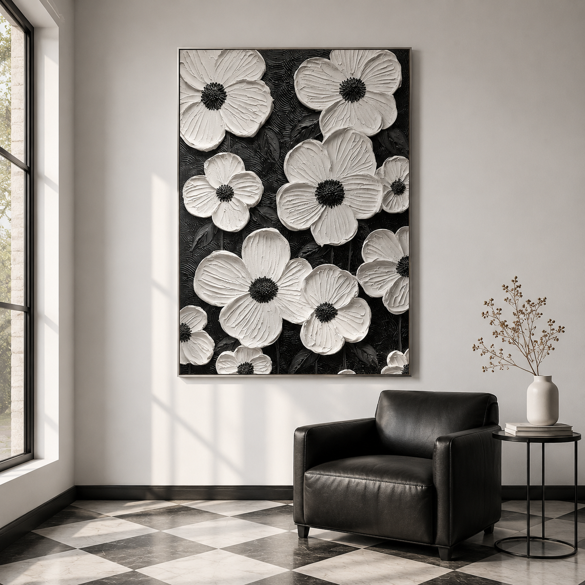 "The Understanding Flower" – Minimalist Textured Monochrome Floral Acrylic Painting