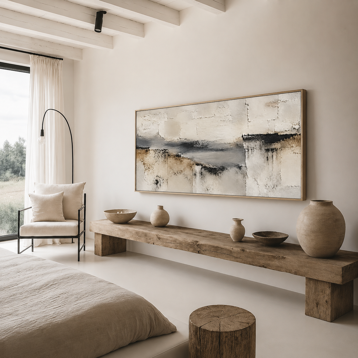 "Simple Tranquility" - Wabi-sabi horizontal charcoal abstract oil painting