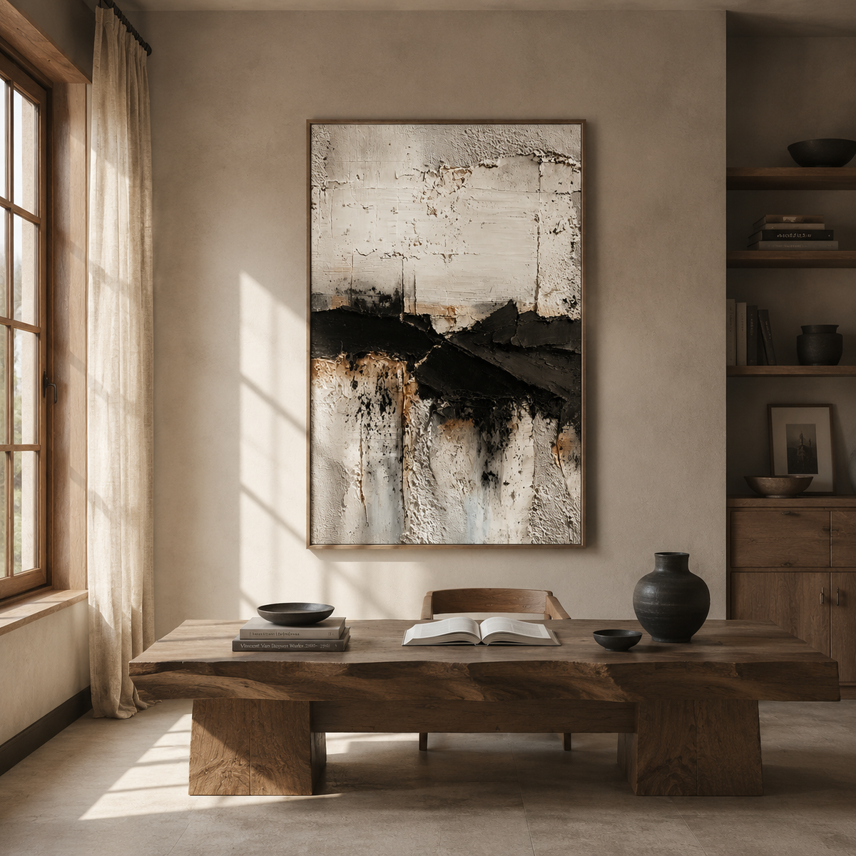 "Tectonic Rift" – Wabi-Sabi Textured Black and Cream Abstract Oil Painting