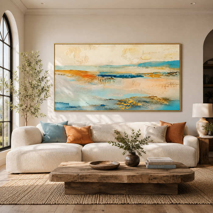 "Coastal Drift" – Wabi-Sabi Sand and Aqua Textured Abstract Acrylic Painting