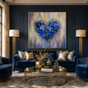"Azure Affection" – Romantic Blue Floral Heart Impasto with Gold Foi