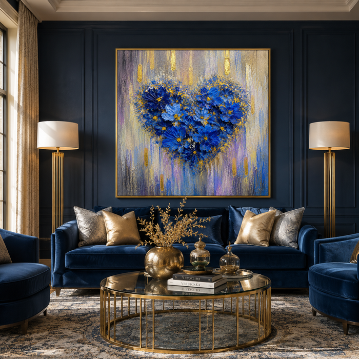 "Azure Affection" – Romantic Blue Floral Heart Impasto with Gold Foi