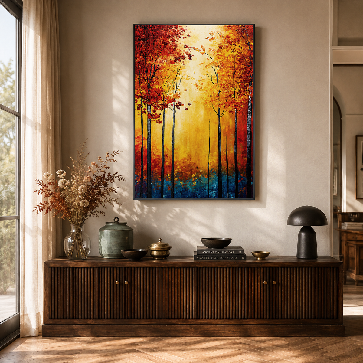 "Ablaze in Autumn" – Palette Knife Expressionistic Forest Landscape Oil Painting