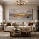 "Golden Seam" – Wabi-Sabi Horizontal Gold Leaf Grey Abstract Oil Painting