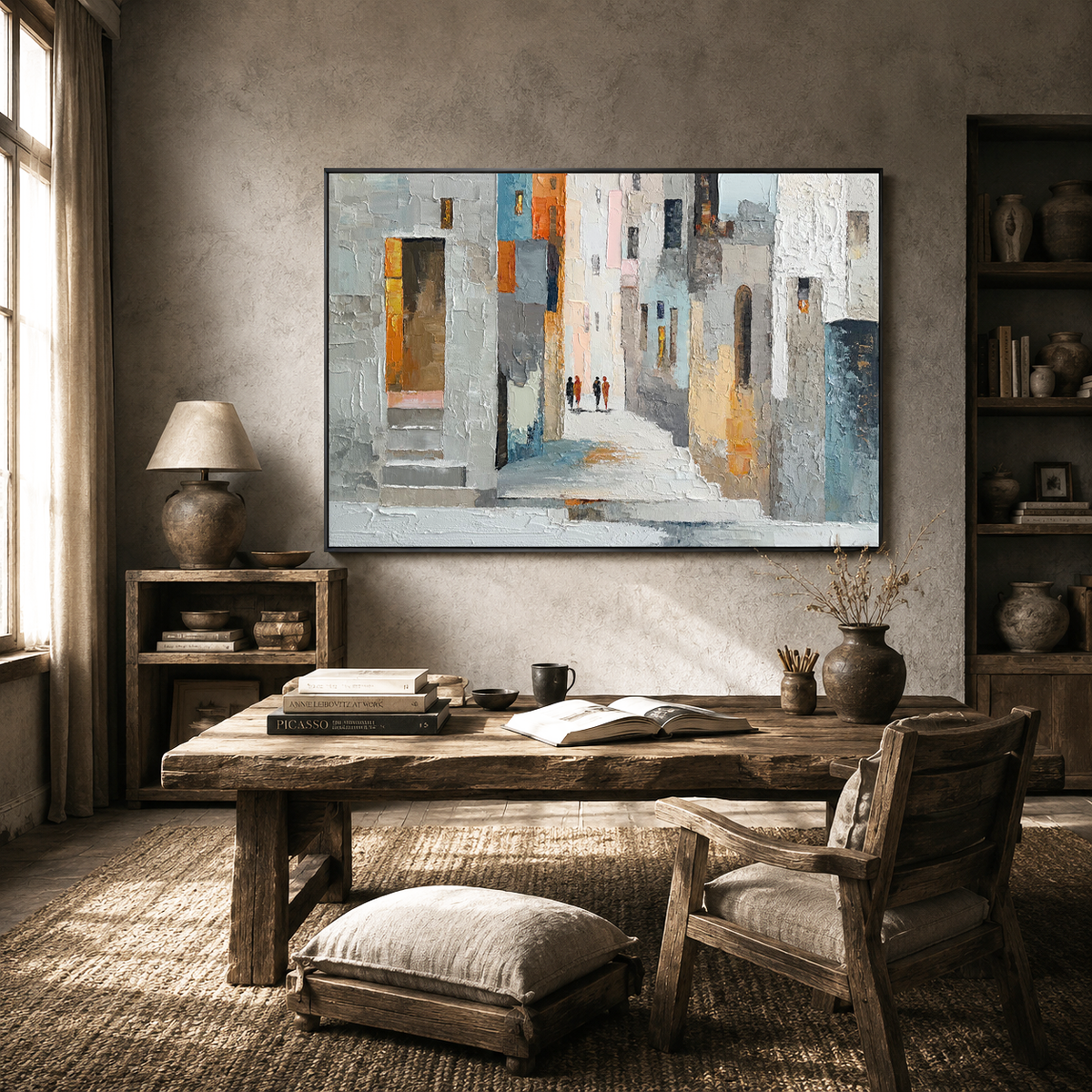 "Sunlit Alley" – Modern Textured Mediterranean Street Palette Knife Painting