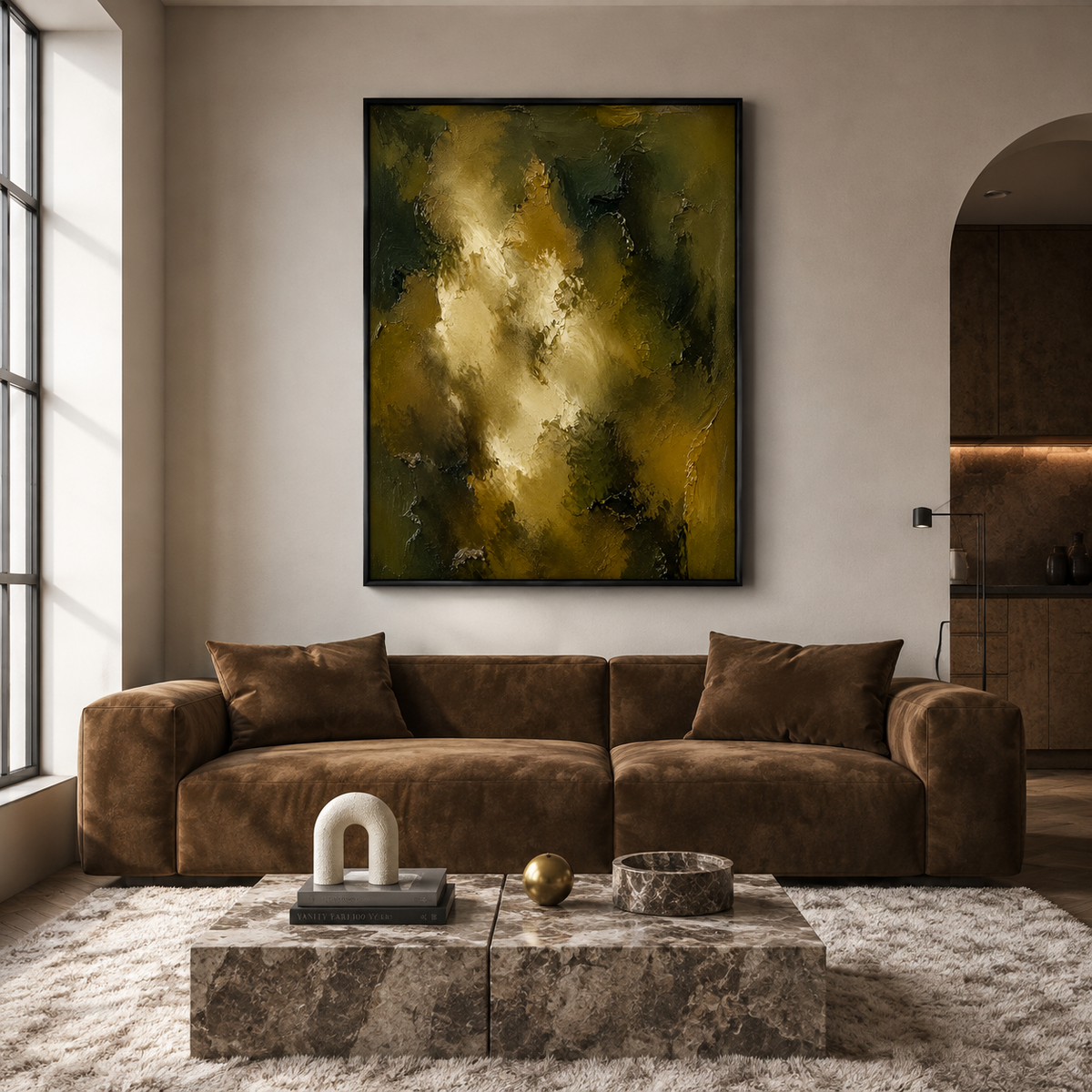 "Verdant Luminescence" – Wabi-Sabi Olive Green Bronze Impasto Oil Painting