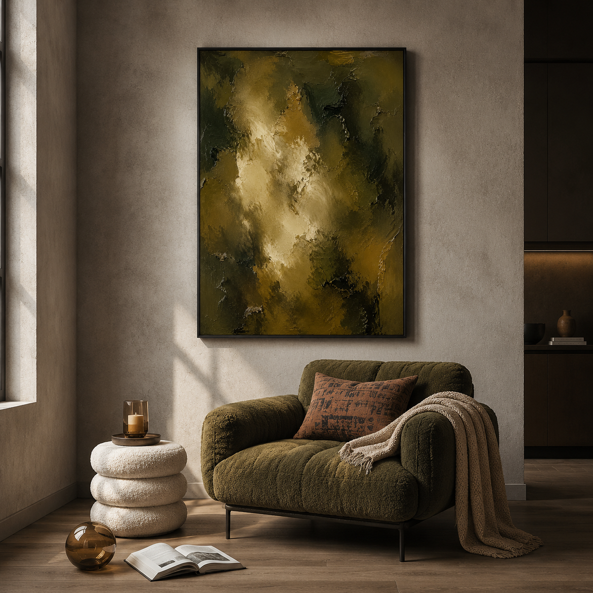 "Verdant Luminescence" – Wabi-Sabi Olive Green Bronze Impasto Oil Painting